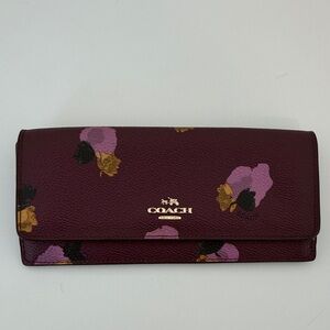 Coach Floral Continental Wallet in Burgundy with Pink and Gold Accents